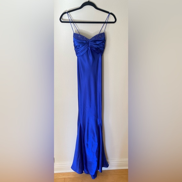 Zum Zum by Niki Livas Royal Cobalt Blue Satin Beaded Vintage Juniors Gown Size 9 - Picture 1 of 8